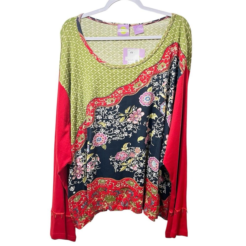 NWT CM Shapes Asymmetric Poncho Top Womens 4X Mixed Print Beaded Artsy Lagenlook